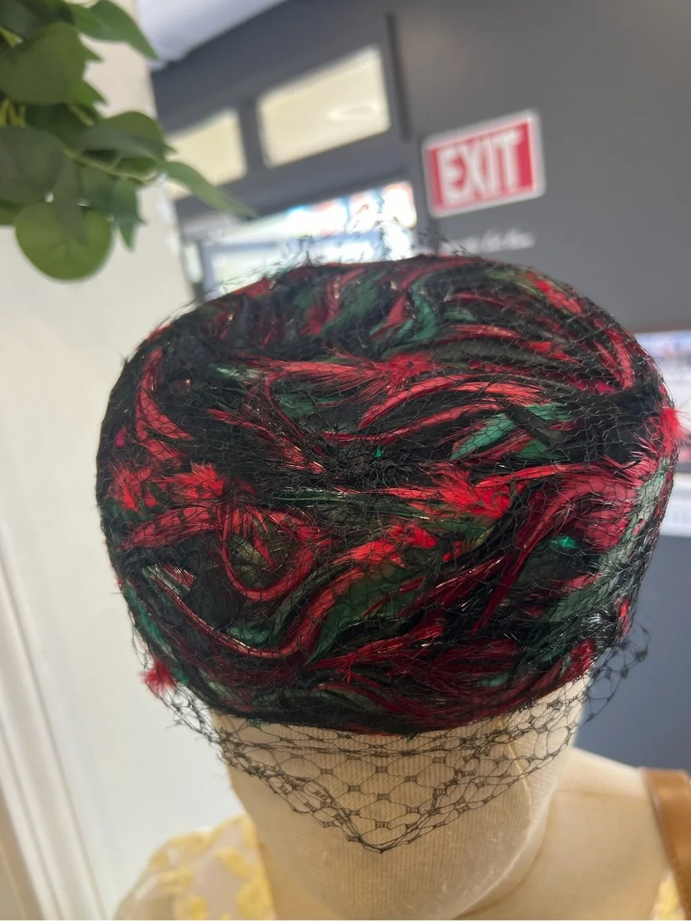 Vintage B. Forman Black Pillbox Hat with Red and Green Feather Detail and Veil